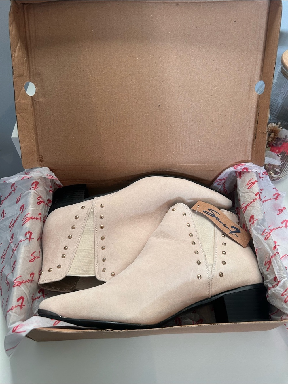 Seven 7 Suede Ankle Boots in Cream/beige with Stud Details